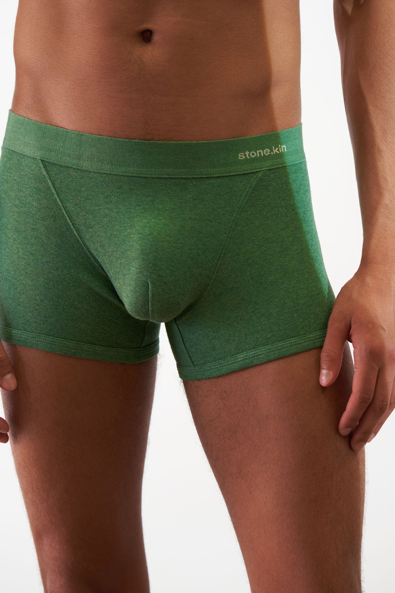 Stone.kin Men's Boxer Brief in Organic Cotton Rib - Pandanus Green. Eco-Friendly and Comfortable Underwear. Soft, Breathable Fabric for All-Day Comfort. Stylish and Sustainable Choice for Men.