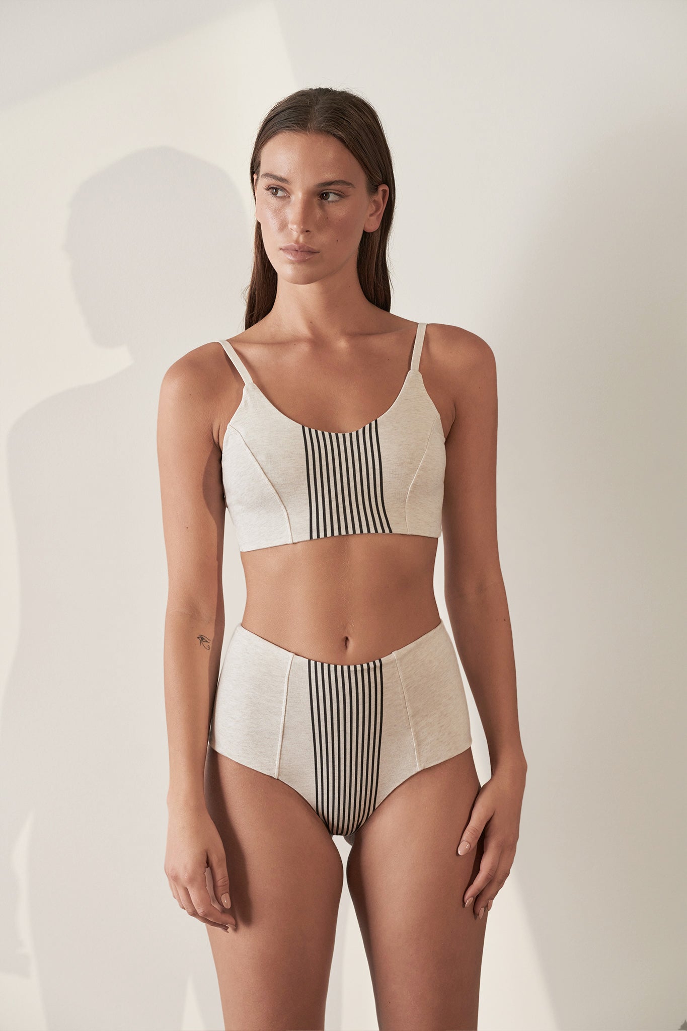 Contoured High Waisted Brief Organic Cotton Rib / Bone with Black Stripe