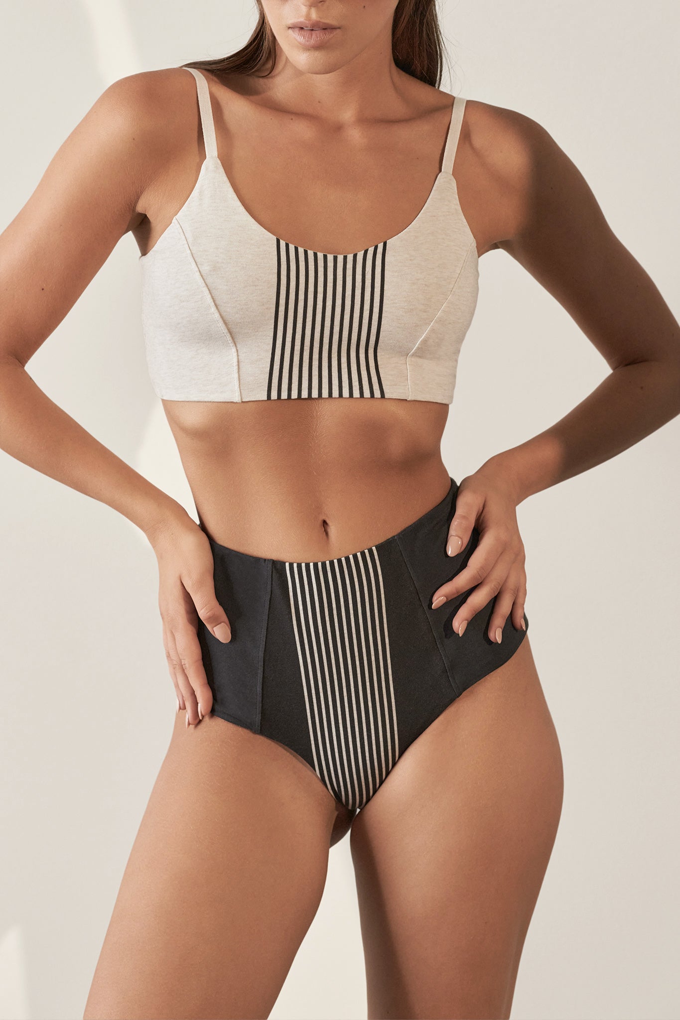 Contoured High Waisted Brief Organic Cotton Rib / Tar with Bone Stripe